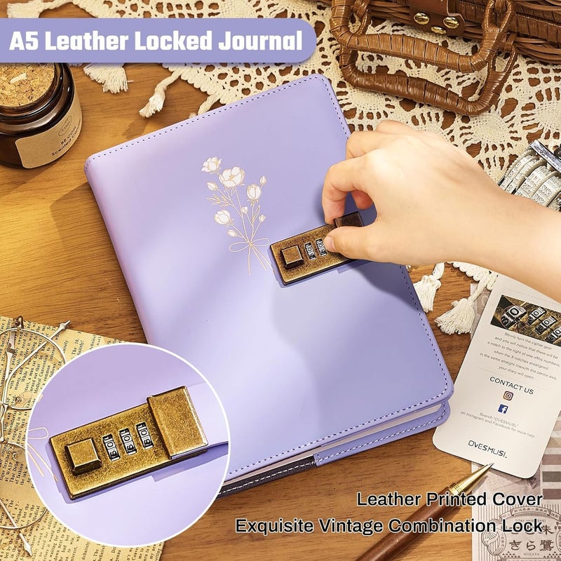 Ovesmusl Diary with Lock for Girls A5 Leather Diary for Women 260 Pages 100 GSM Refillable Journal with Lock for Teens Secrets Flower Journals with Combination Passwords, 5.7"x8.3", Purple - Image 5